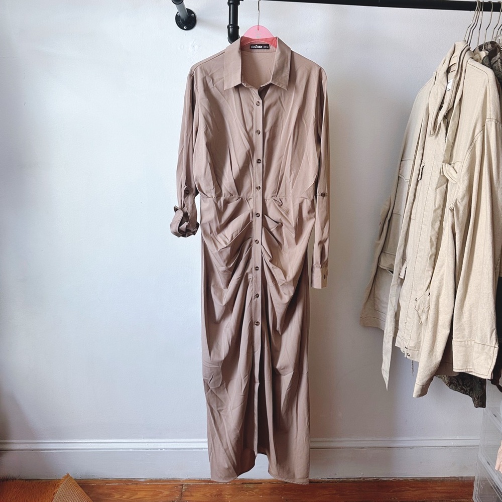 Chic Me draped hip button down collared maxi dress w optional roll up sleeves M